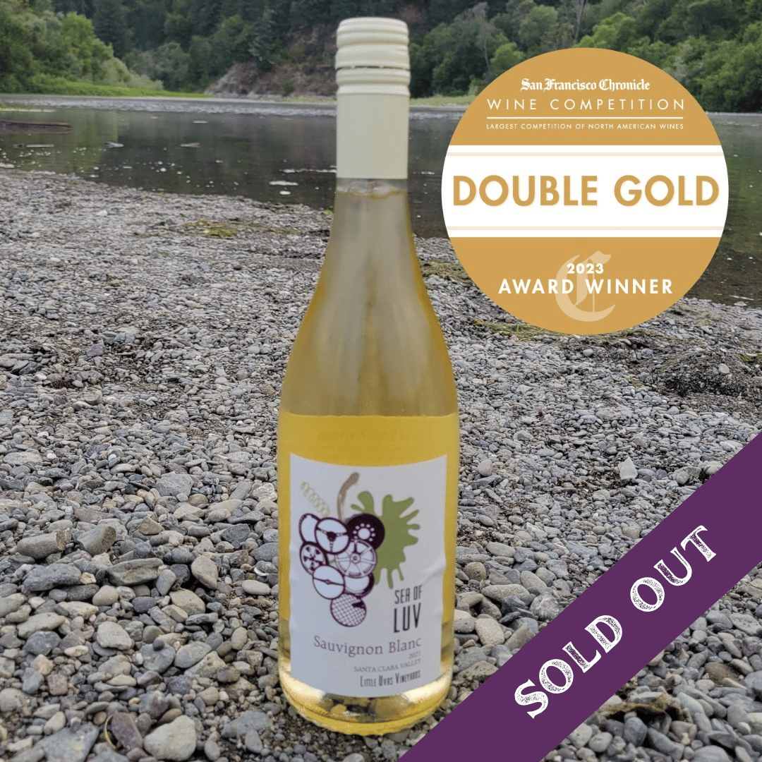 bottle of LUV sauvignon blanc with double gold award badge and sold out banner