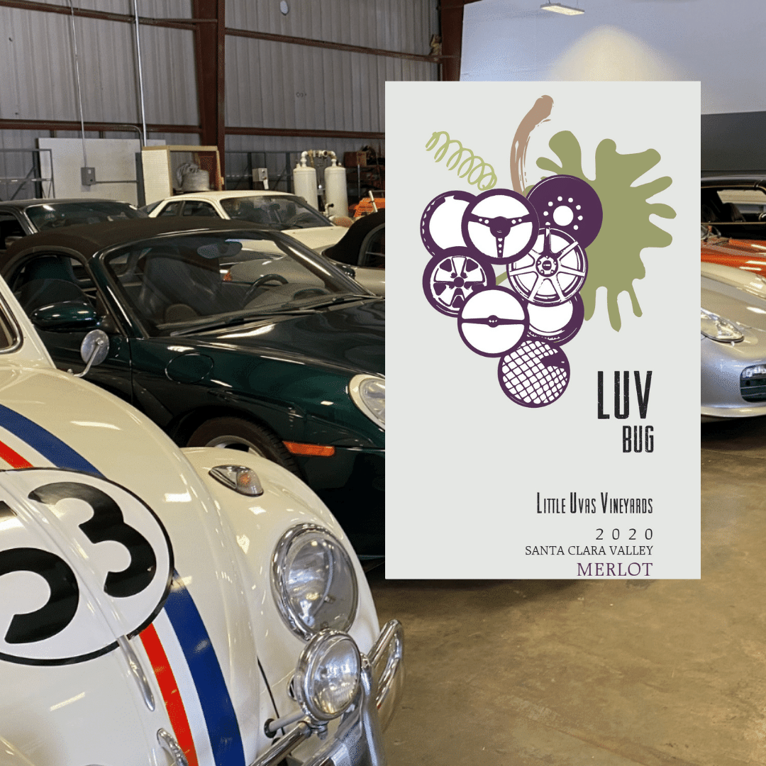 love bug volkswagon and classic cars with the wine label of the LUV Bug wine over it
