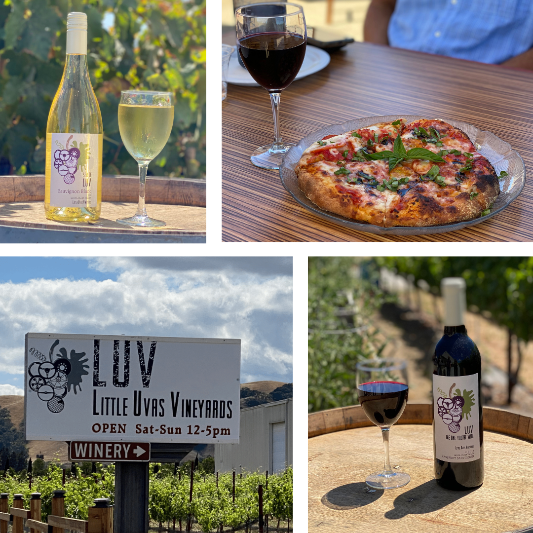 collage of images of wine bottles and pizza at LUV